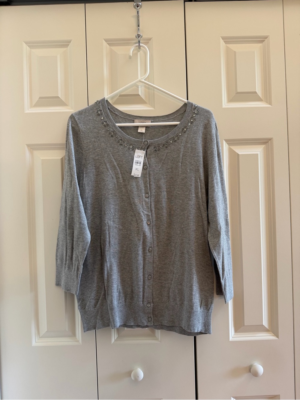 LOFT Gray Embellished Crewneck Cardigan - Size XL NWT
